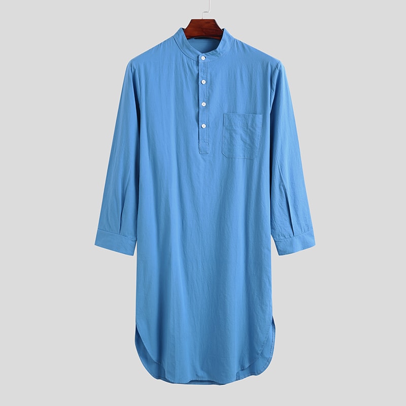 Fashionable Mens Buttondown Sleep Robes Solid Color Stand Collar Long Sleeve Nightgown Comfortable 6