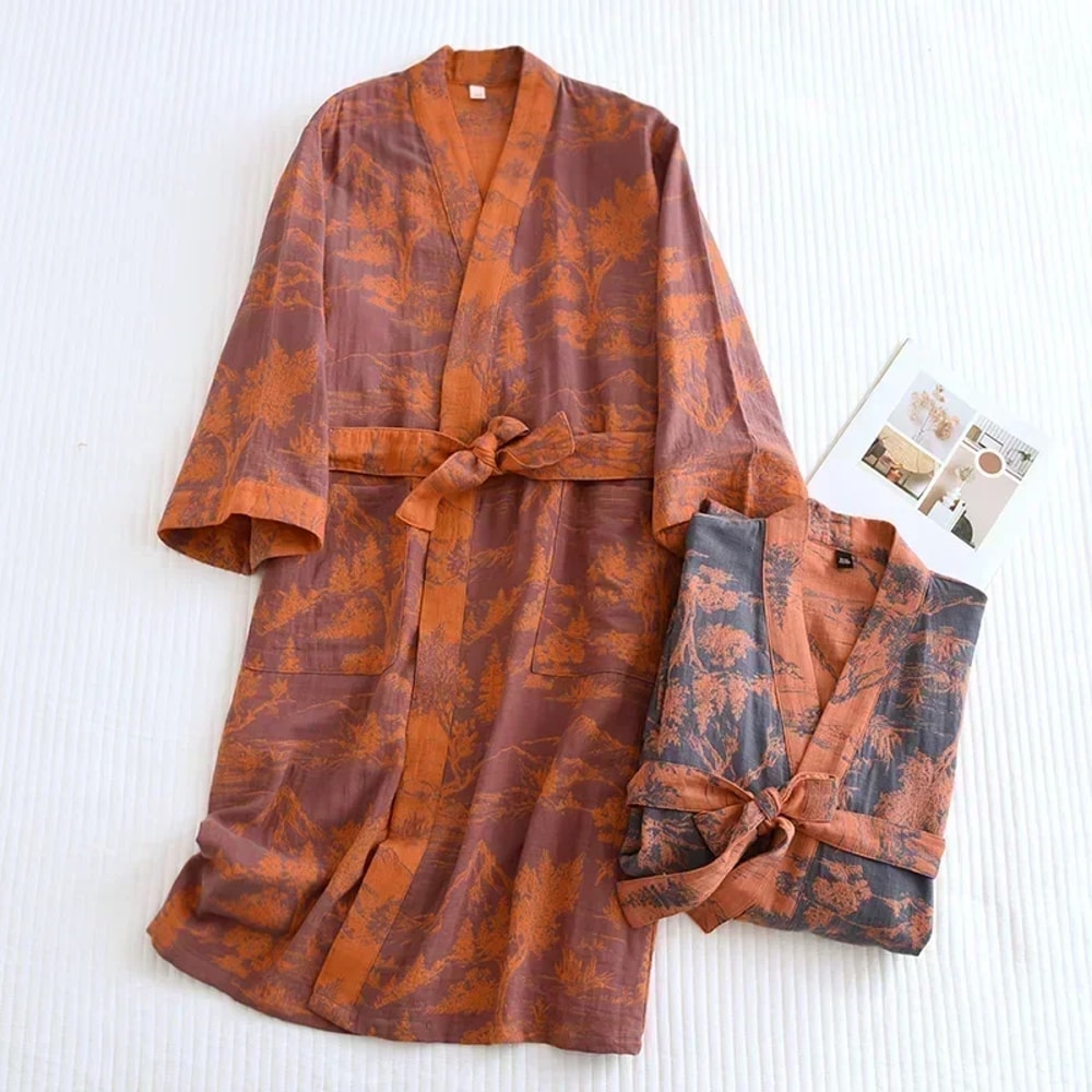 Womens Cotton Bathrobe Printed Loose Fitting Tie Up Pajamas Japanese Style Steaming Cotton Robes Fo 2