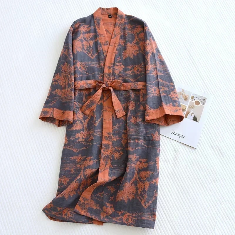 Womens Cotton Bathrobe Printed Loose Fitting Tie Up Pajamas Japanese Style Steaming Cotton Robes Fo 5