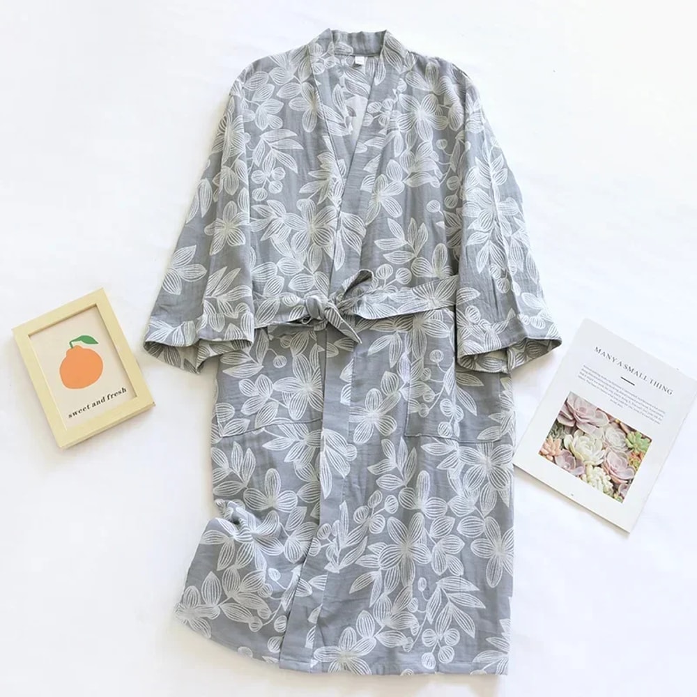 Womens Cotton Bathrobe Printed Loose Fitting Tie Up Pajamas Japanese Style Steaming Cotton Robes Fo 6