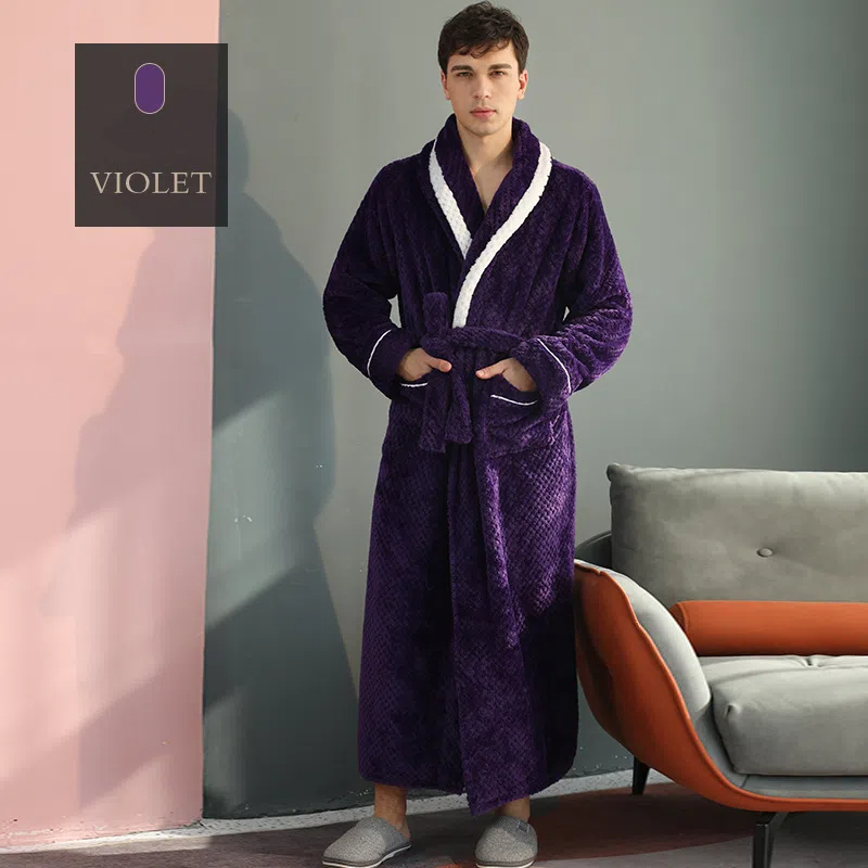 Winter Lovers Solid Flannel Bathrobe Set Thicken Long Robe For Couples Gown Nightwear With Pocket I 5