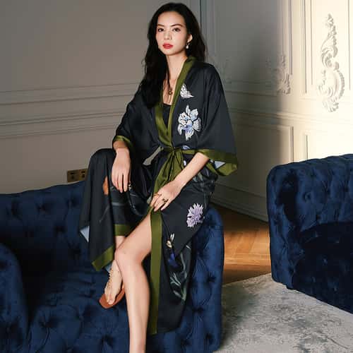 Sexy Rayon Black Print Flower Long Robe, Summer Half Sleeve Bathrobe Gown, Comfortable Nightgown for Women