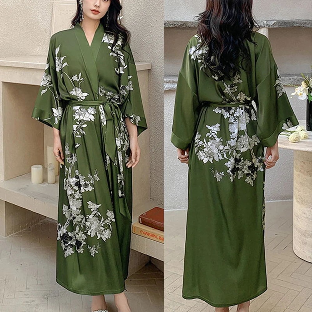Sexy Rayon Black Print Flower Long Robe Summer Half Sleeve Bathrobe Gown Comfortable Nightgown For 3