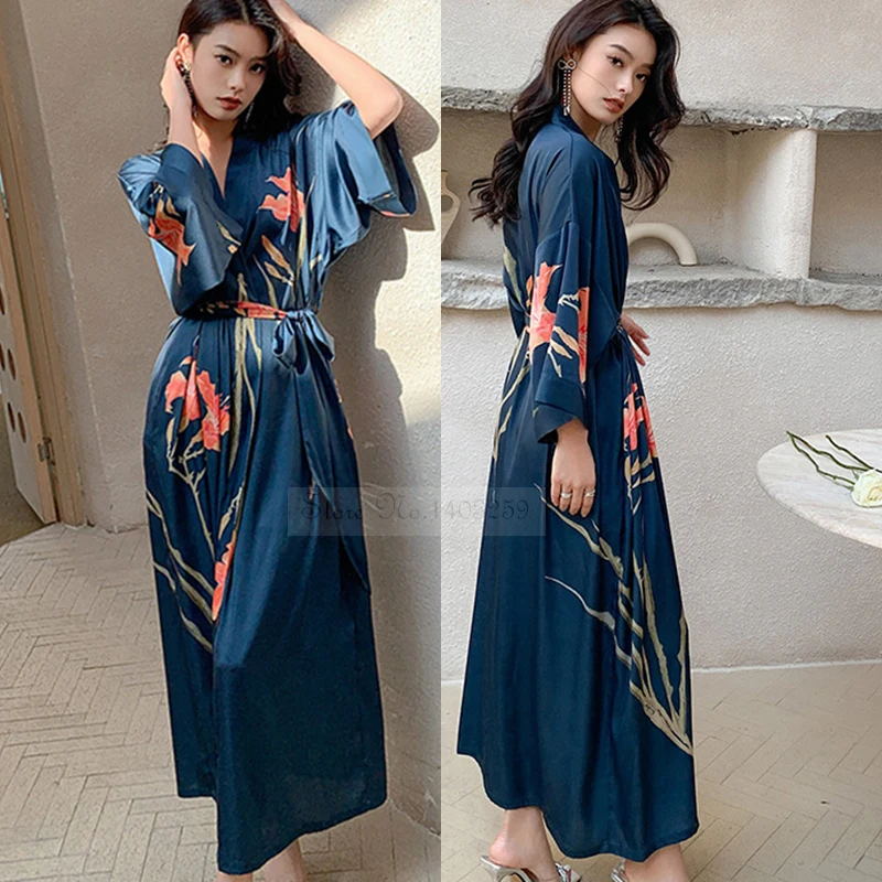 Sexy Rayon Black Print Flower Long Robe Summer Half Sleeve Bathrobe Gown Comfortable Nightgown For 4