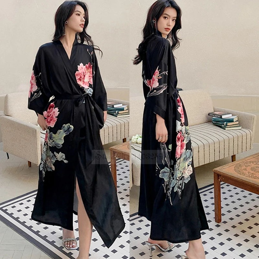 Sexy Rayon Black Print Flower Long Robe Summer Half Sleeve Bathrobe Gown Comfortable Nightgown For 5