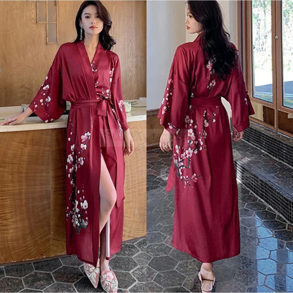 Sexy Rayon Black Print Flower Long Robe Summer Half Sleeve Bathrobe Gown Comfortable Nightgown For 7