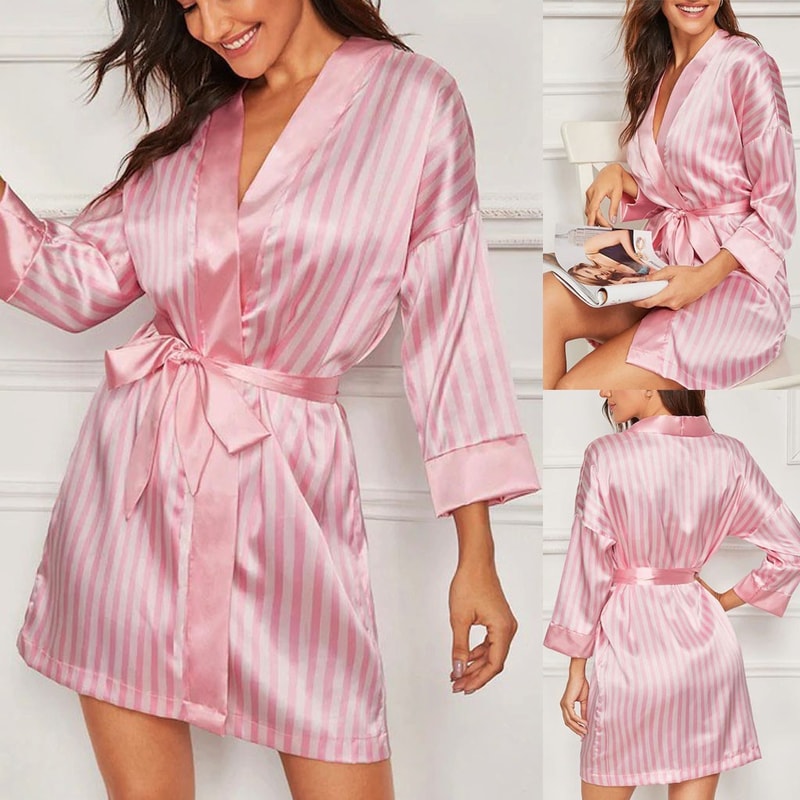 Satin Bathrobe Gown For Women Summer VNeck Stripe Nightgown Bridal Wedding Robe With Belt 0
