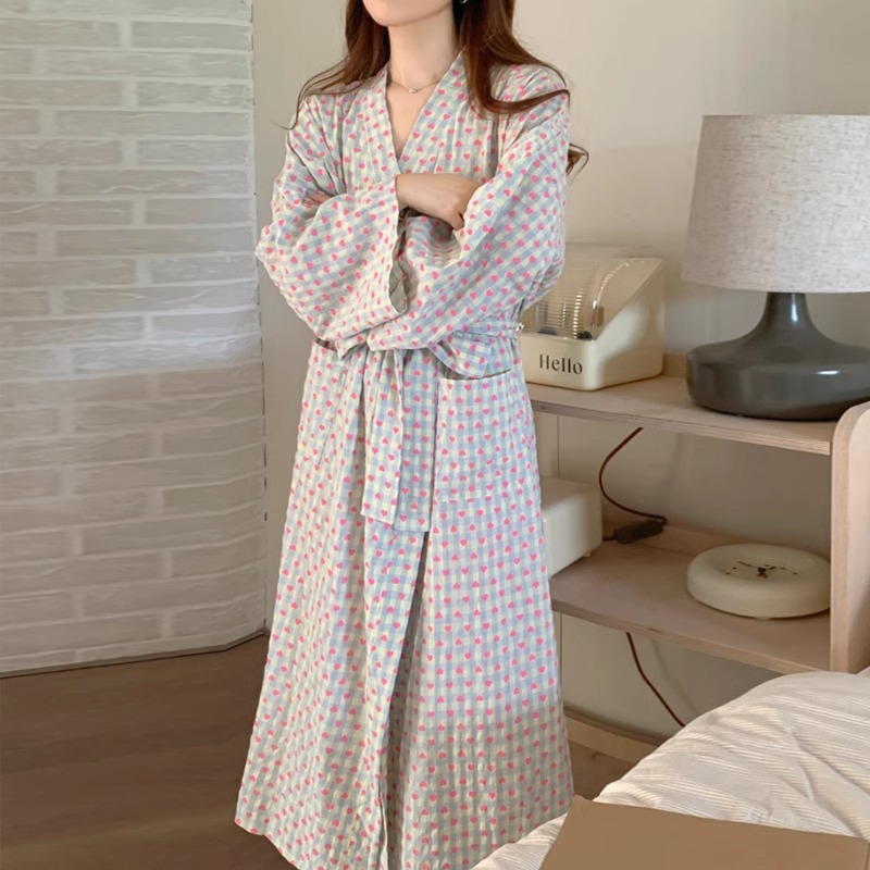 Sexy Plaid Bathrobe for Women, Long Sleeve V-neck, Lace-Up Nightgown with Trousers