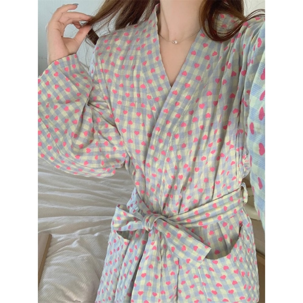 Sexy Plaid Bathrobe for Women, Long Sleeve V-neck, Lace-Up Nightgown with Trousers