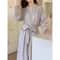 Sexy Plaid Bathrobe for Women, Long Sleeve V-neck, Lace-Up Nightgown with Trousers