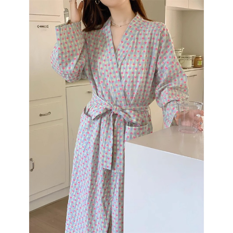 Sexy Plaid Bathrobe for Women, Long Sleeve V-neck, Lace-Up Nightgown with Trousers
