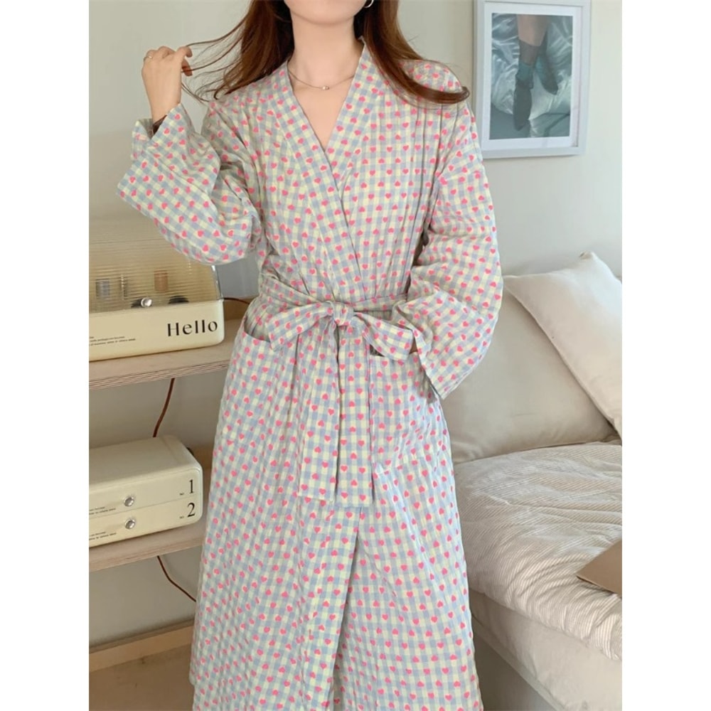 Sexy Plaid Bathrobe for Women, Long Sleeve V-neck, Lace-Up Nightgown with Trousers