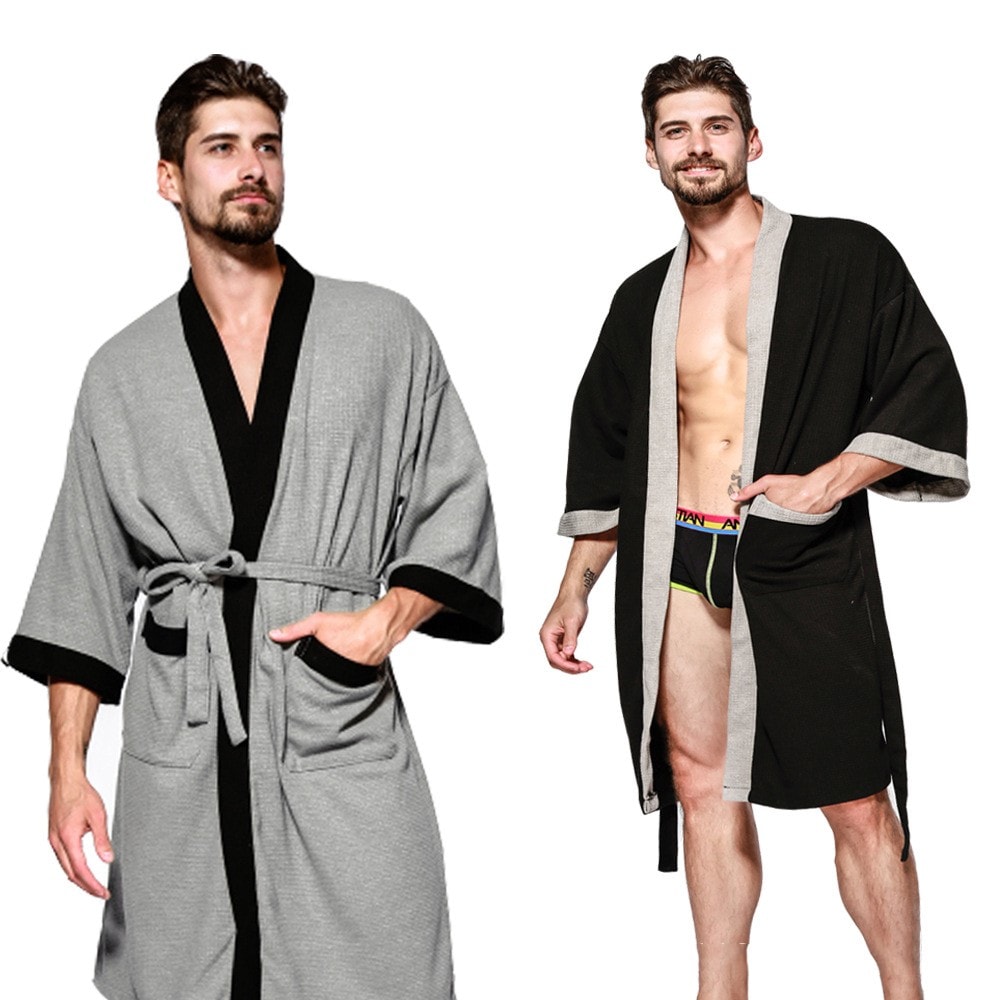 Black Cotton Waffle Men Bathrobe Gown Sleepwear Loose Casual Nightwear Sauna Spring Summer Home Wea 0