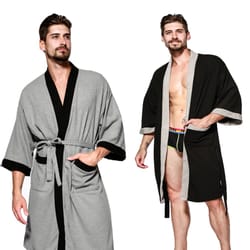 black cotton waffle men bathrobe, gown sleepwear, loose casual nightwear, sauna spring summer home wear for couples