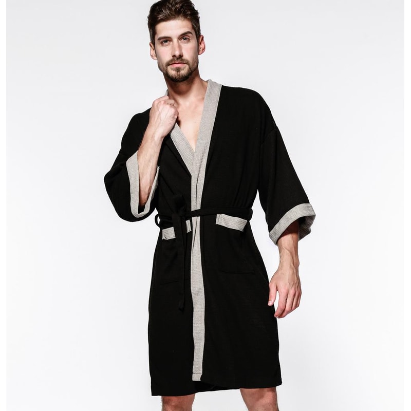 Black Cotton Waffle Men Bathrobe Gown Sleepwear Loose Casual Nightwear Sauna Spring Summer Home Wea 1