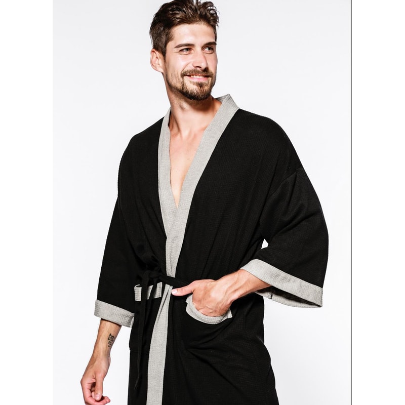 Black Cotton Waffle Men Bathrobe Gown Sleepwear Loose Casual Nightwear Sauna Spring Summer Home Wea 2
