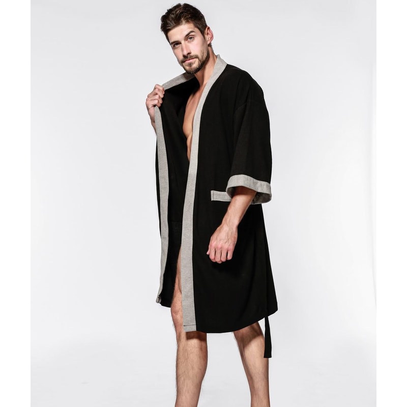 Black Cotton Waffle Men Bathrobe Gown Sleepwear Loose Casual Nightwear Sauna Spring Summer Home Wea 3
