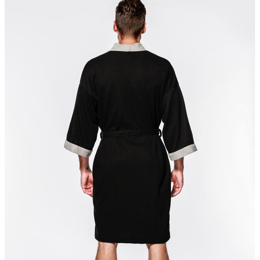 Black Cotton Waffle Men Bathrobe Gown Sleepwear Loose Casual Nightwear Sauna Spring Summer Home Wea 5