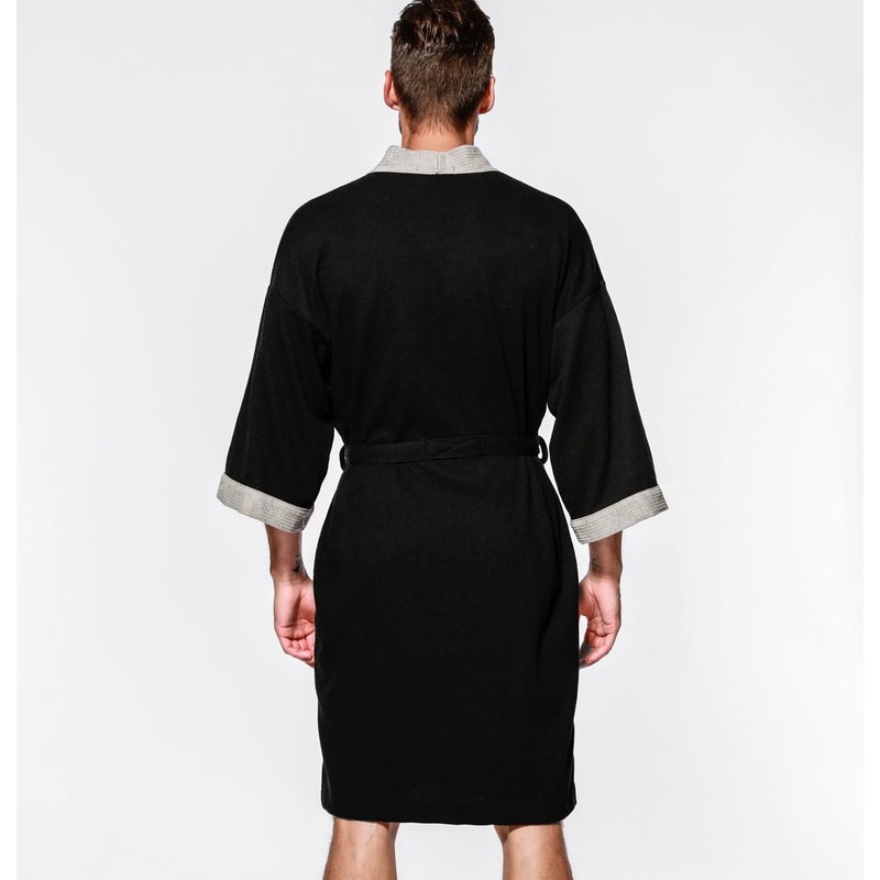 Black Cotton Waffle Men Bathrobe Gown Sleepwear Loose Casual Nightwear Sauna Spring Summer Home Wea 5