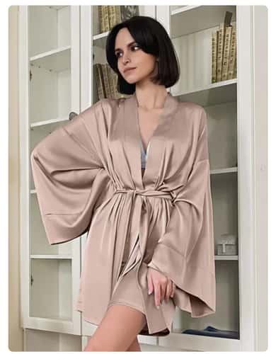Women's Sexy Dressing Gown, Flare Sleeve Black Bathrobe, Loose Robes V-Neck, Women's Nightwear With Sashes