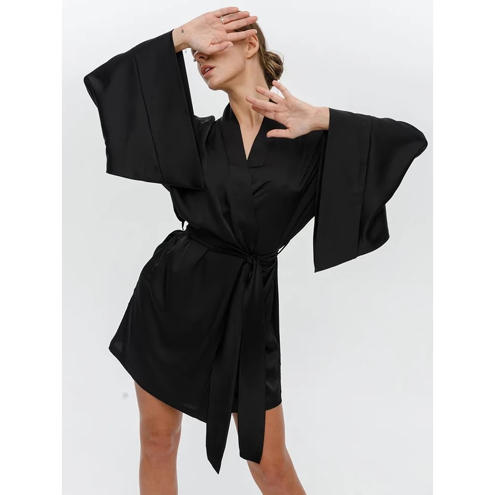 Womens Sexy Dressing Gown Flare Sleeve Black Bathrobe Loose Robes VNeck Womens Nightwear With Sashe 3