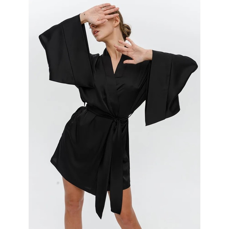 Womens Sexy Dressing Gown Flare Sleeve Black Bathrobe Loose Robes VNeck Womens Nightwear With Sashe 3