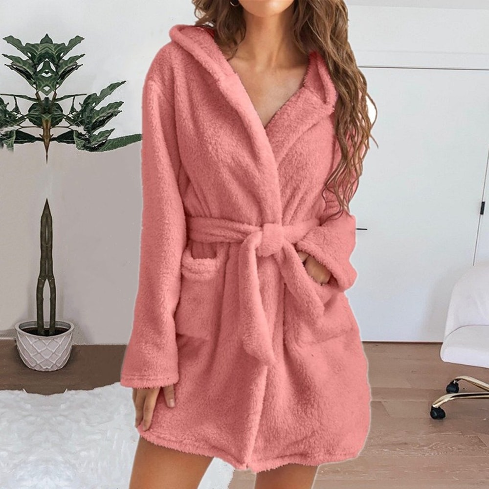Fluffy Plush Pyjamas Sexy Winter Women Bath Robe Hooded Dressing Gown Solid Color Warm Bathrobe Fem 0
