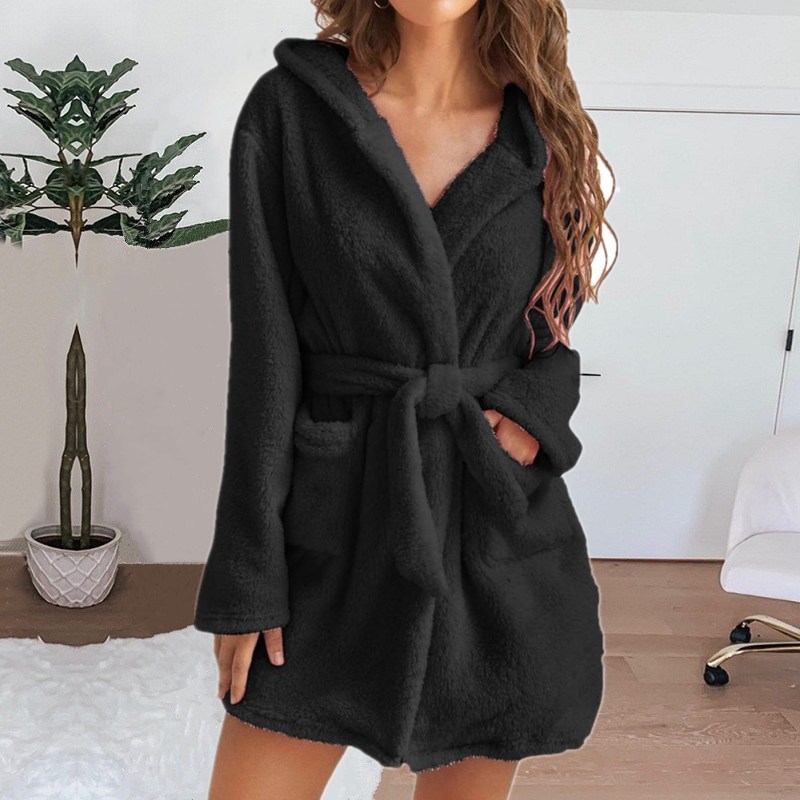 Fluffy Plush Pyjamas Sexy Winter Women Bath Robe Hooded Dressing Gown Solid Color Warm Bathrobe Fem 2
