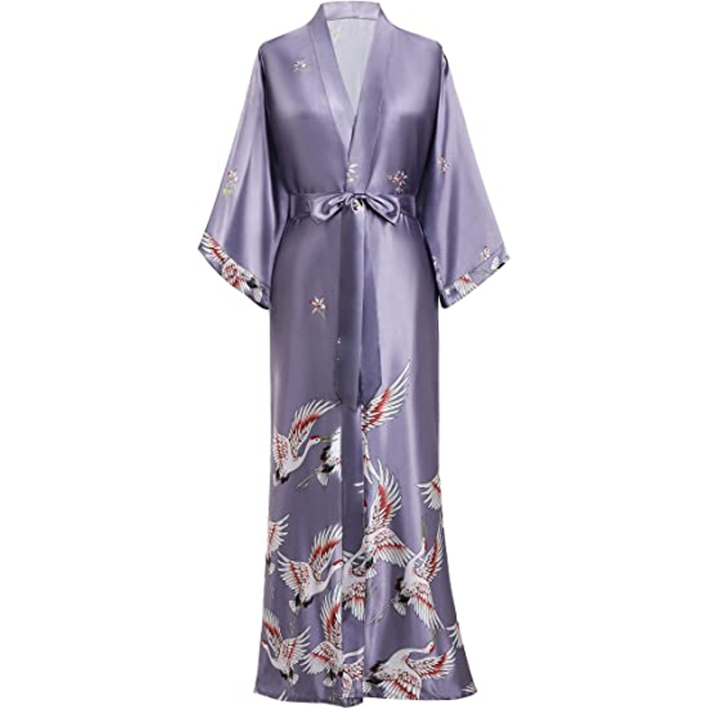 Soft Satin Nightgown Sleepwear Print Crane Lady Bathrobe Gown Women Wedding Robe Loose Vneck Long N 0