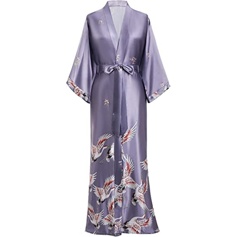 Soft Satin Nightgown Sleepwear Print Crane Lady Bathrobe Gown Women Wedding Robe Loose Vneck Long N 0