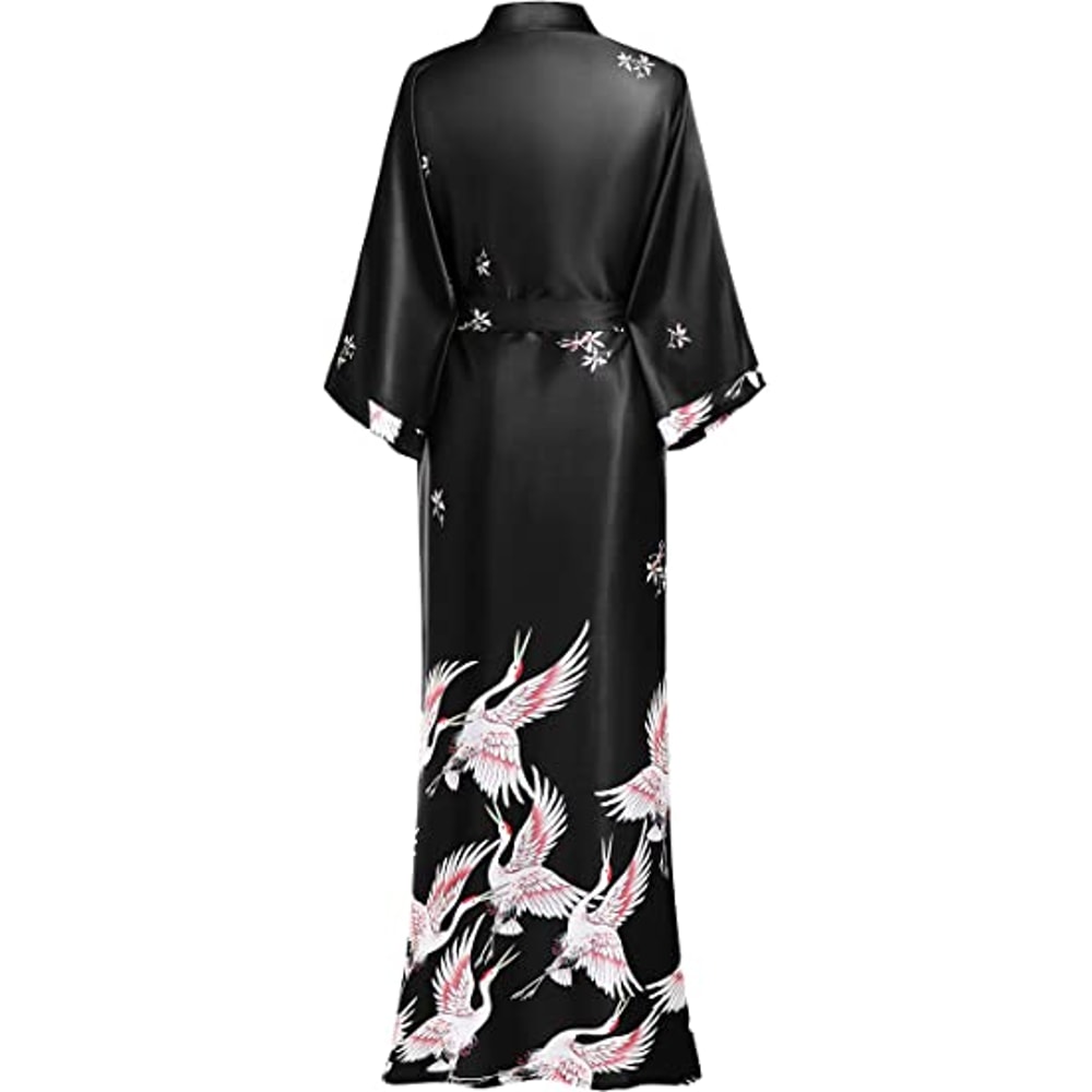 Soft Satin Nightgown Sleepwear Print Crane Lady Bathrobe Gown Women Wedding Robe Loose Vneck Long N 5