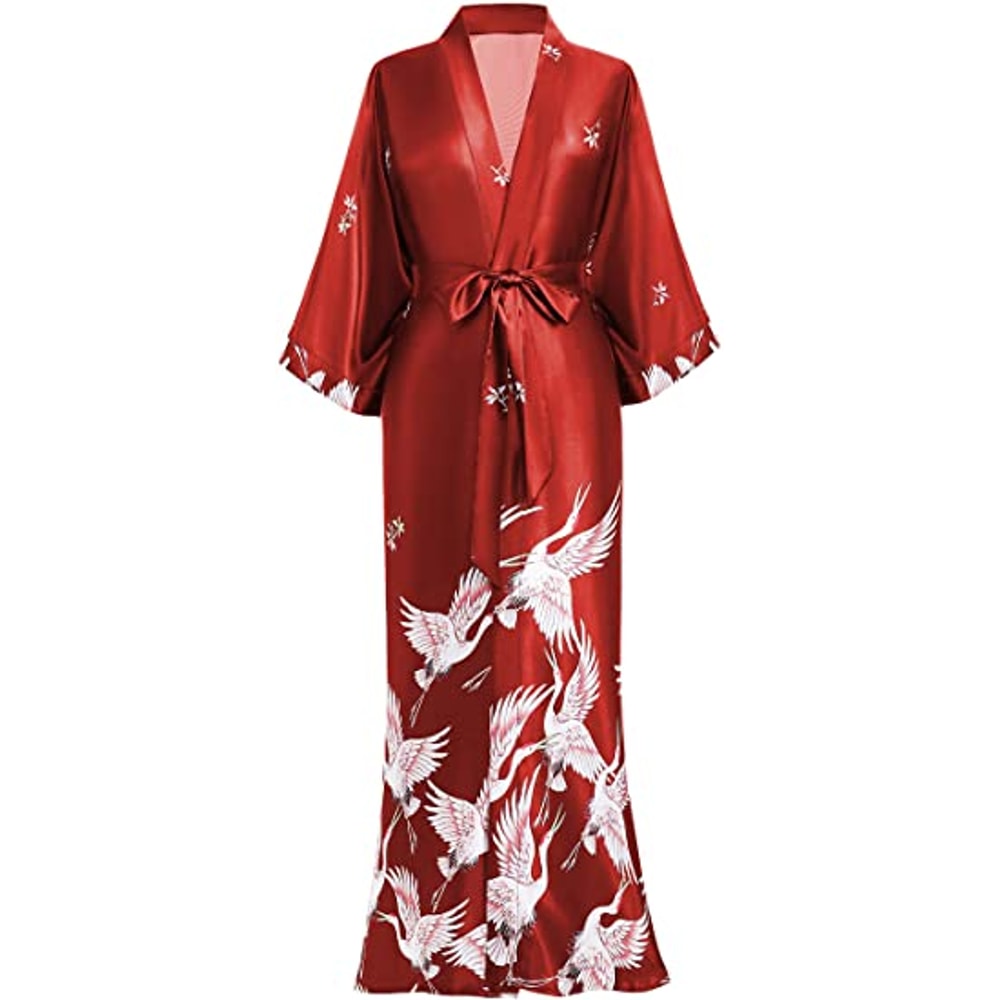 Soft Satin Nightgown Sleepwear Print Crane Lady Bathrobe Gown Women Wedding Robe Loose Vneck Long N 2
