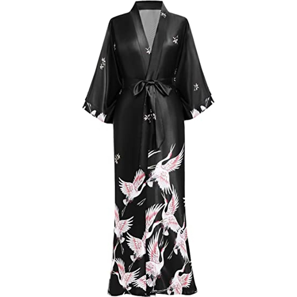 Soft Satin Nightgown Sleepwear Print Crane Lady Bathrobe Gown Women Wedding Robe Loose Vneck Long N 3
