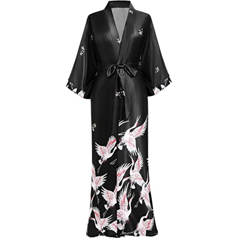 Soft Satin Nightgown Sleepwear Print Crane Lady Bathrobe Gown Women Wedding Robe Loose Vneck Long N 3