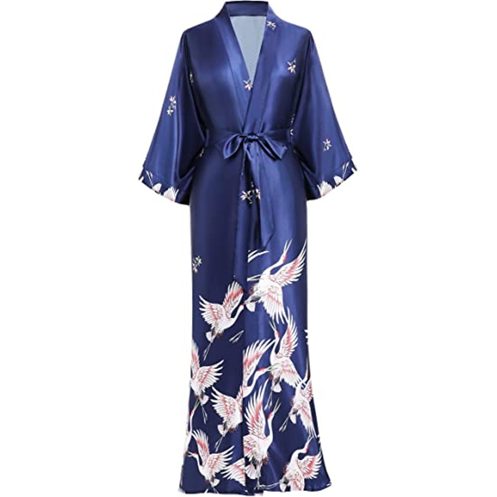 Soft Satin Nightgown Sleepwear Print Crane Lady Bathrobe Gown Women Wedding Robe Loose Vneck Long N 1