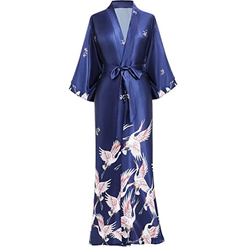 Soft Satin Nightgown Sleepwear Print Crane Lady Bathrobe Gown Women Wedding Robe Loose Vneck Long N 1