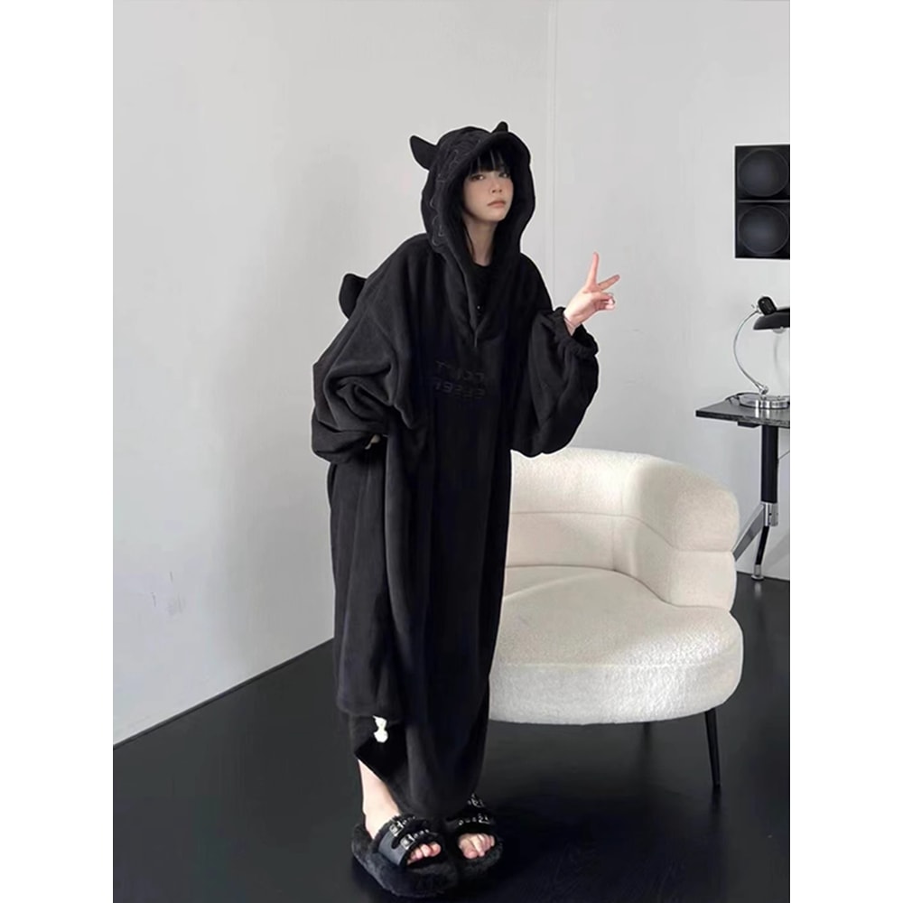Cozy OnePiece Sleepwear Solid Color Loose Homewear Thickened Padded Pajamas Oversized Hooded Couple 4