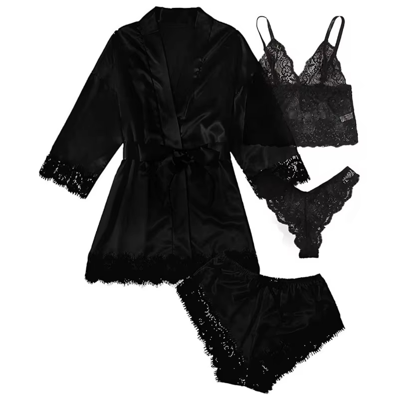 Sexy Pajama Set With Lace Trim Faux Silk Satin Gown Womens Fashion Pajama Print Comfort Loungewear 4