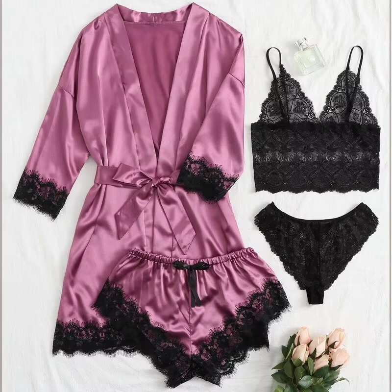 Sexy Pajama Set With Lace Trim Faux Silk Satin Gown Womens Fashion Pajama Print Comfort Loungewear 3