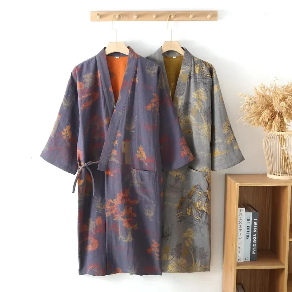 Mens Jacquard Printed Robes For Spring Oversized Cotton Pajamas Medium Length Roomwear Bathrobe 0