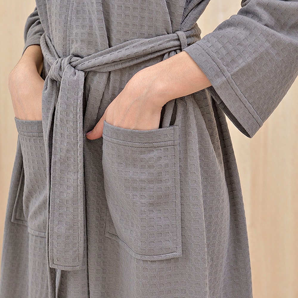 Men Women Bathrobe Waffle Knee Length Breathable Robe Transparent Summer Thin Nightgown 4