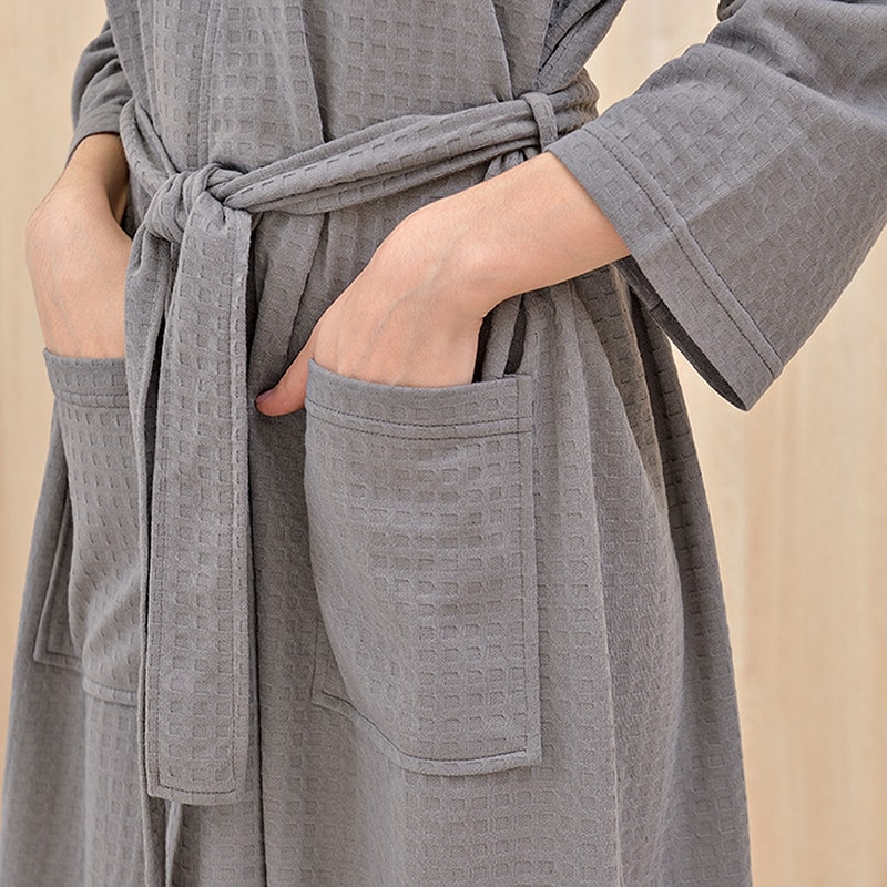Men Women Bathrobe Waffle Knee Length Breathable Robe Transparent Summer Thin Nightgown 4