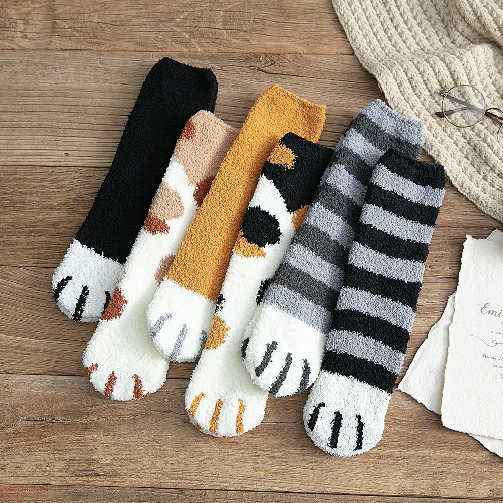 Women Winter Warm Fluffy Socks Thick Coral Fleece Home Socks Cute Animal Claw Cat Paw Footprint Fuz 1
