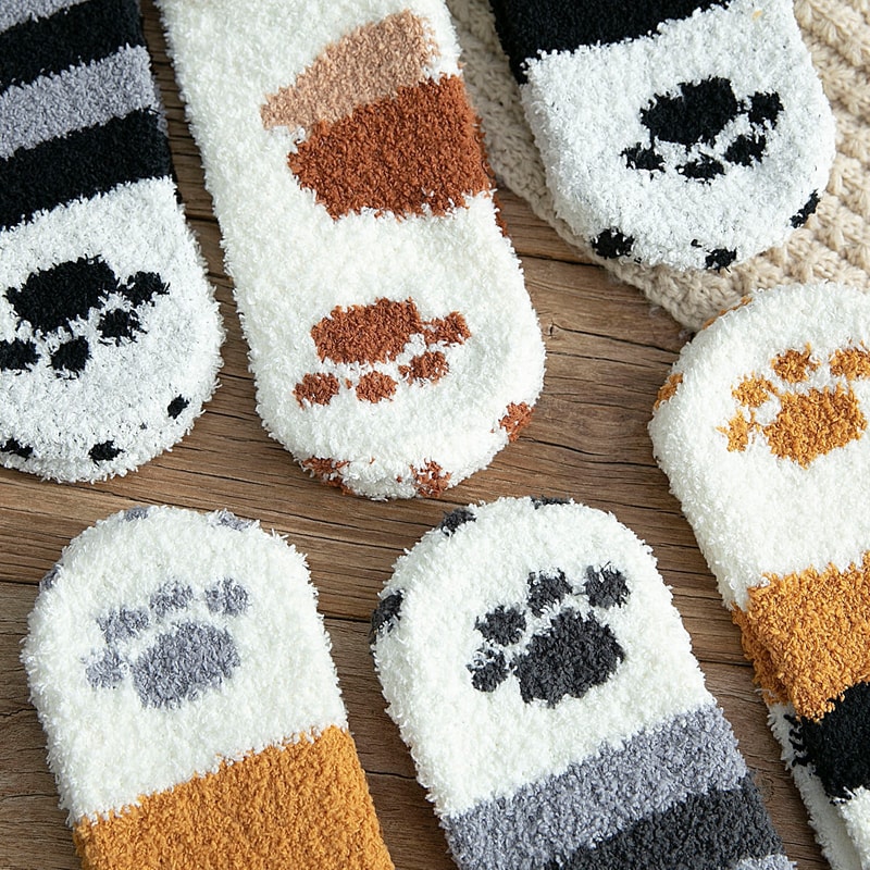 Women Winter Warm Fluffy Socks Thick Coral Fleece Home Socks Cute Animal Claw Cat Paw Footprint Fuz 3