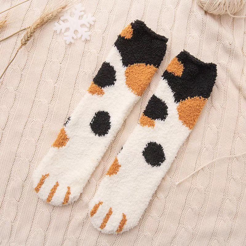 Women Winter Warm Fluffy Socks Thick Coral Fleece Home Socks Cute Animal Claw Cat Paw Footprint Fuz 11