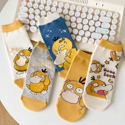 versatile sweet and cute psyduck casual socks, fashion cartoon anime design, outdoor short socks for everyday