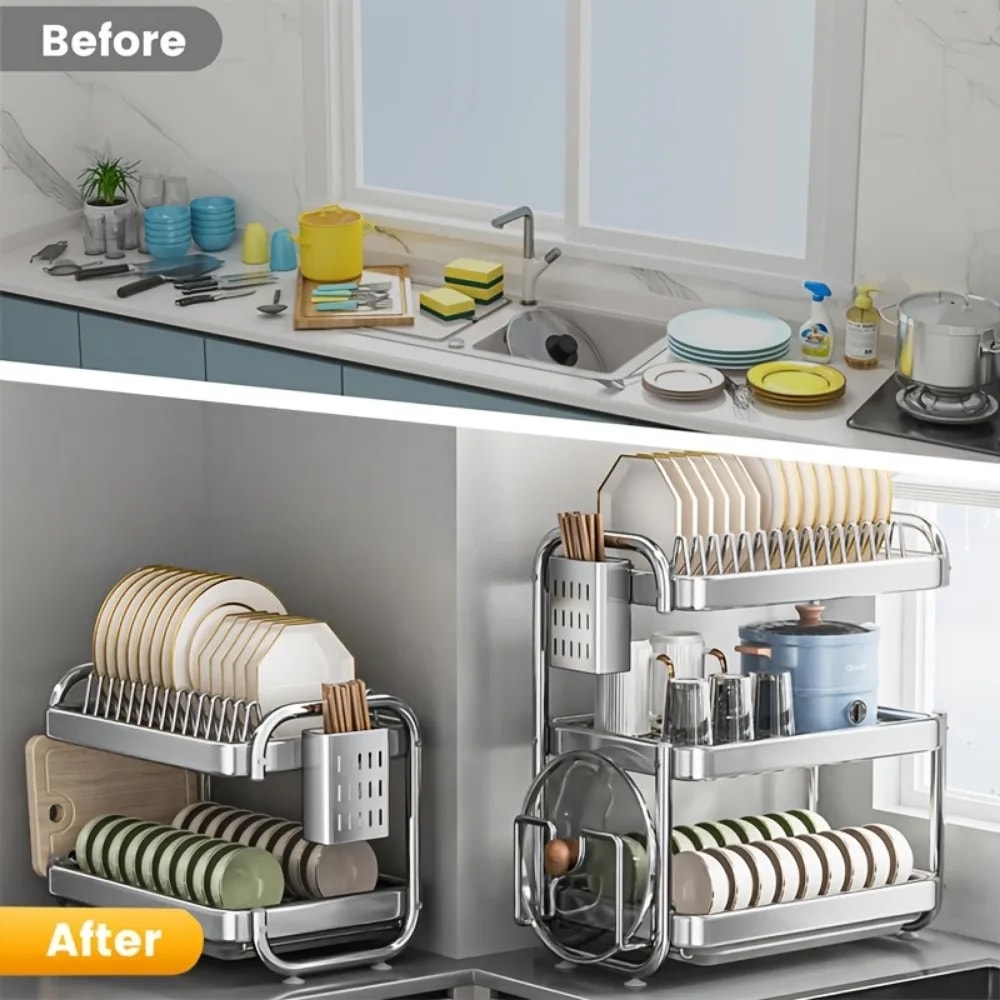 Large Capacity Bowl Drain Rack Breathable Stainless Steel Dish Rack MultiFunctional Kitchenware Acc