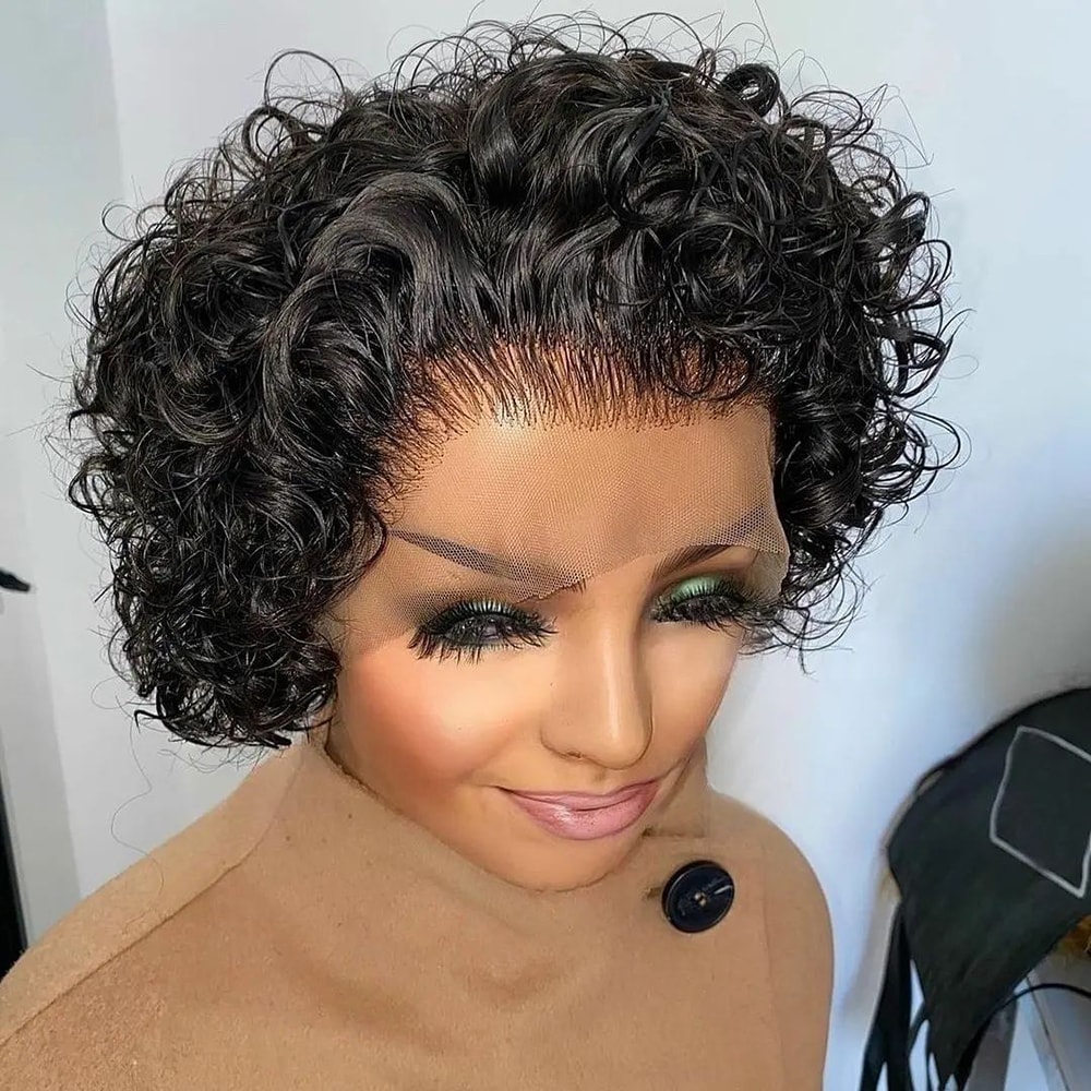 Pixie Cut Colored Lace Wig Spring Curl Short Bob Wig For Women Natural Black Human Hair Affordable 1