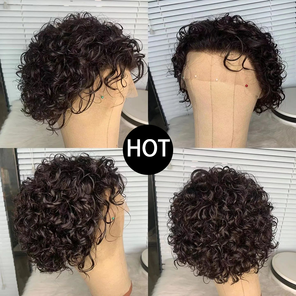 Pixie Cut Colored Lace Wig Spring Curl Short Bob Wig For Women Natural Black Human Hair Affordable 4