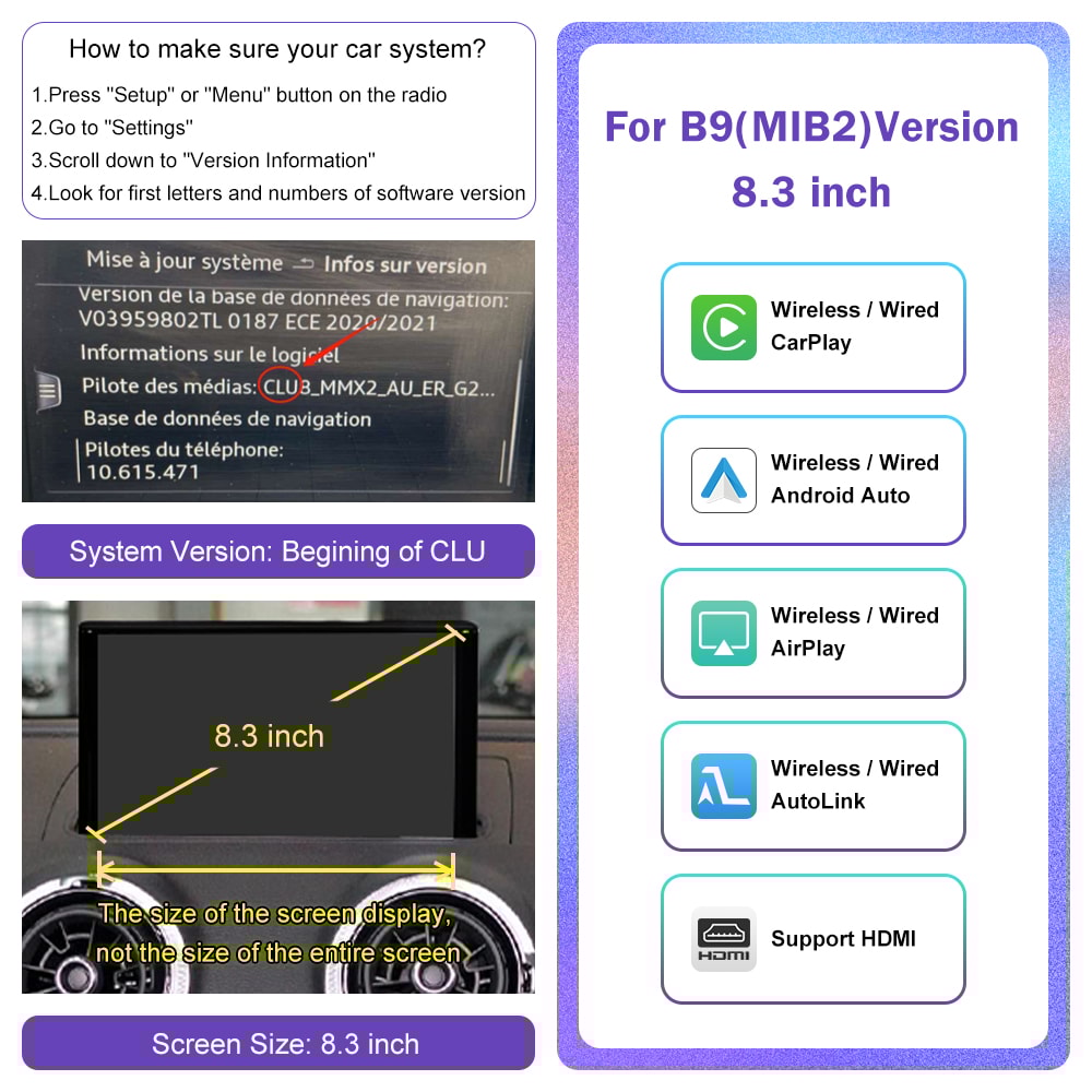 Wireless Android Auto CarPlay Bluetooth AirPlay USB Mirror Link Reverse Camera Functions For Your 6